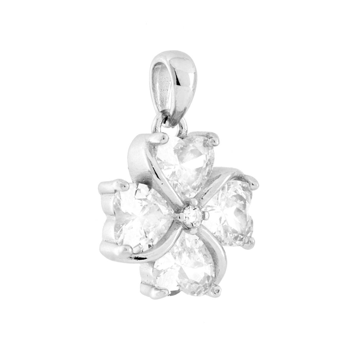Parure Set Orecchini e Ciondolo Quadrifoglio con Cubic Zirconia Bianchi in ARGENTO 925 Galvanica Rodio
