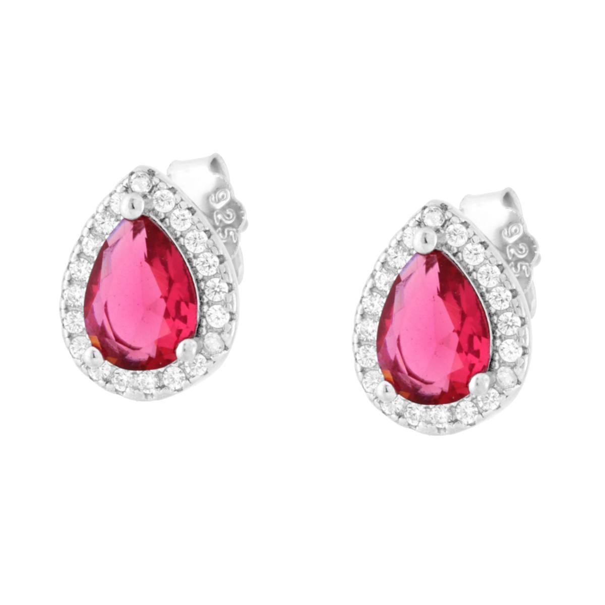Orecchini Goccia Rosso Rubino contornato da Cubic Zirconia Bianchi in ARGENTO 925 Galvanica Rodio