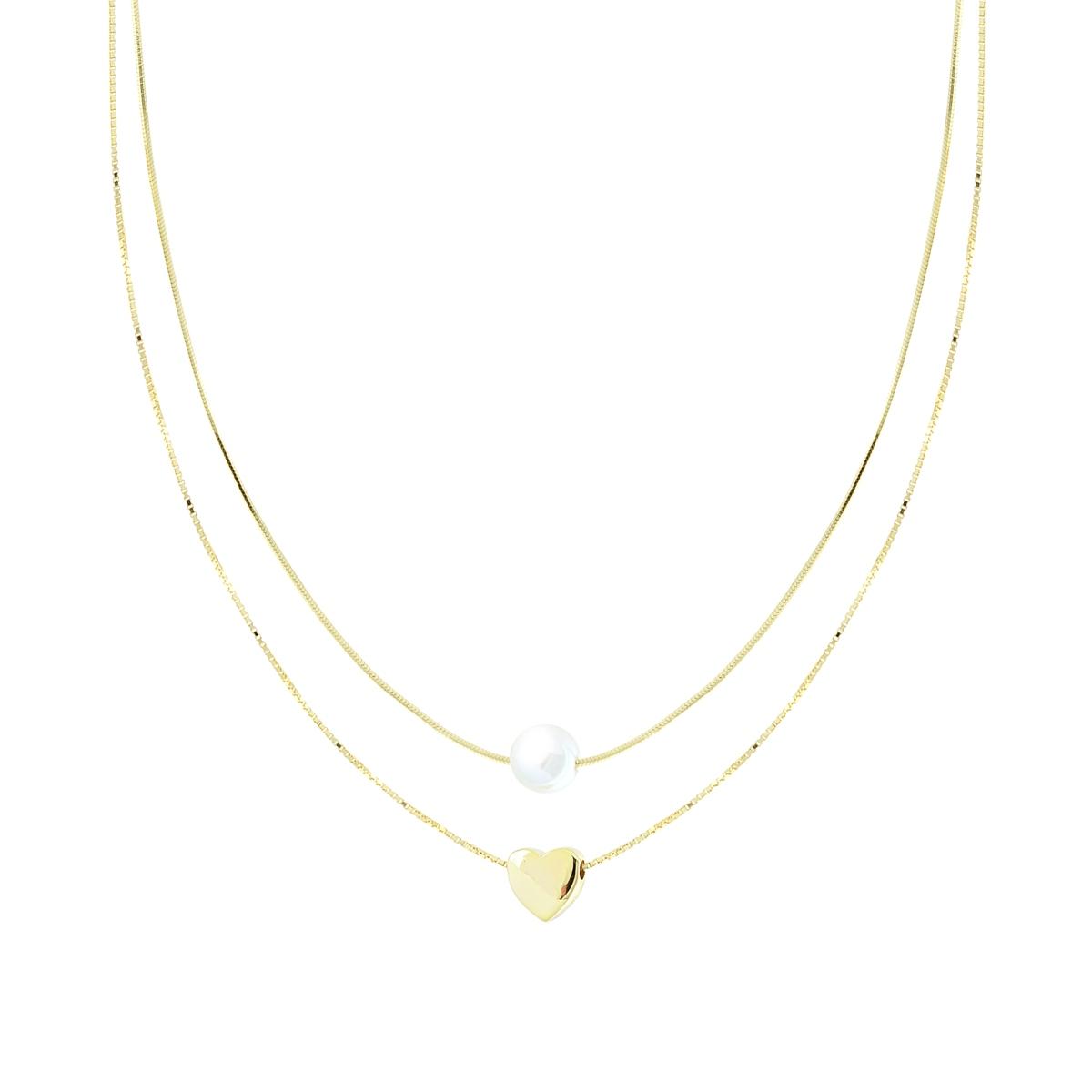 Collana due fili Catena Veneziana Diamantata e Coda di Topo con Cuore e Perla centrali in ARGENTO 925 Galvanica Oro