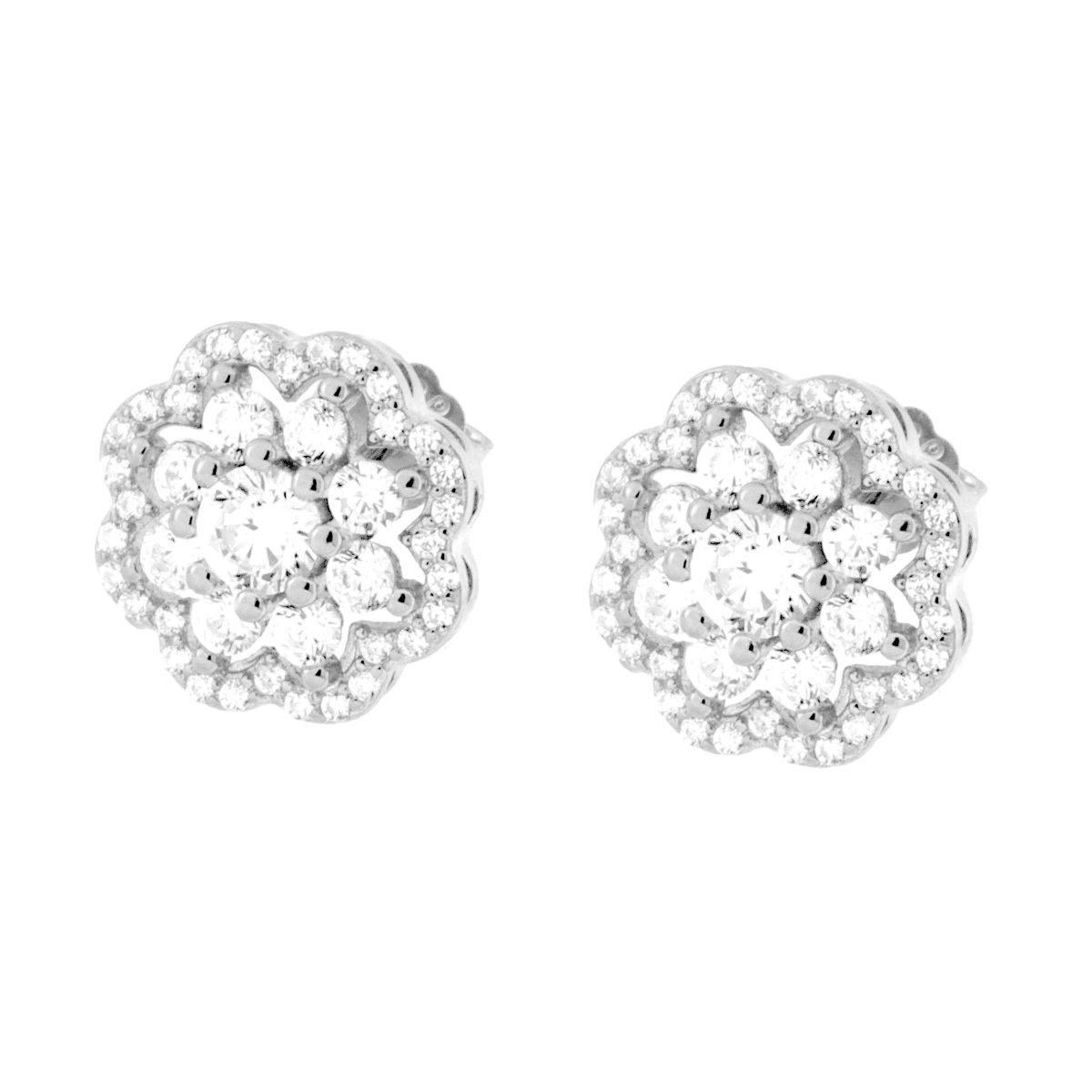 Parure Set Orecchini e Collana Catena Forzatina Diamantata con Fiore Bianco contornato da Cubic Zirconia Bianchi in ARGENTO 925 Galvanica Rodio