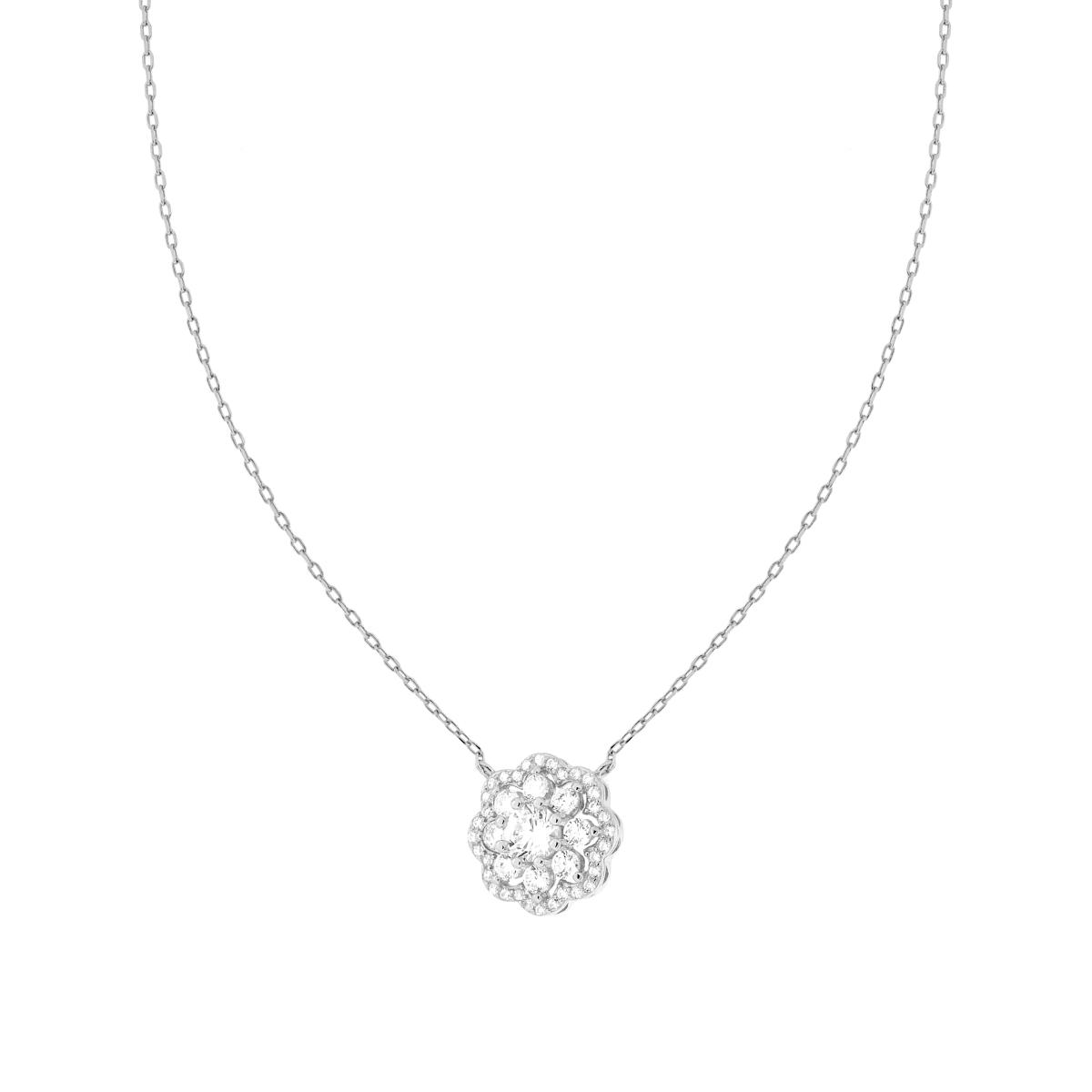 Parure Set Orecchini e Collana Catena Forzatina Diamantata con Fiore Bianco contornato da Cubic Zirconia Bianchi in ARGENTO 925 Galvanica Rodio