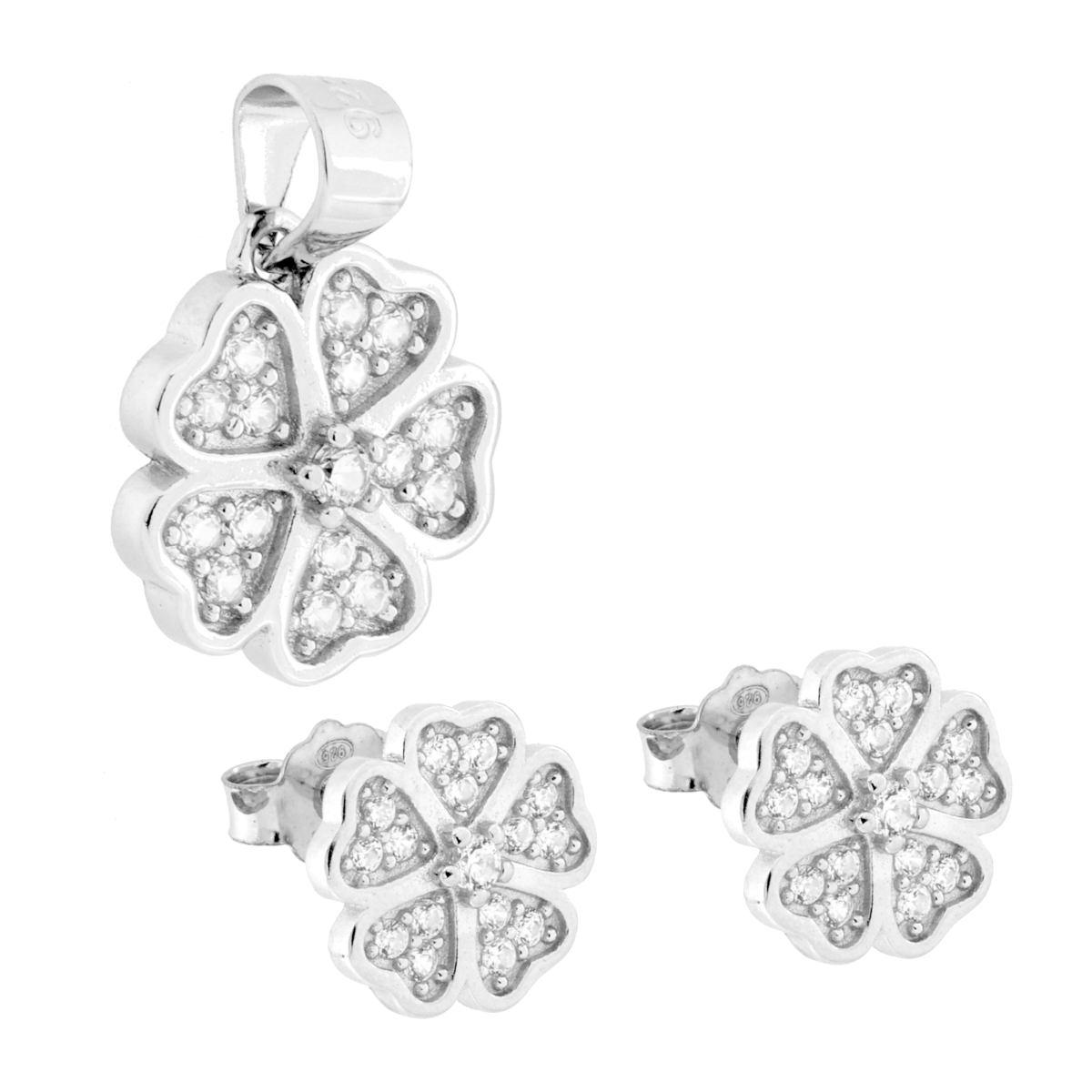 Parure Set Orecchini e Ciondolo Fiore con Cubic Zirconia Bianchi in ARGENTO 925 Galvanica Rodio