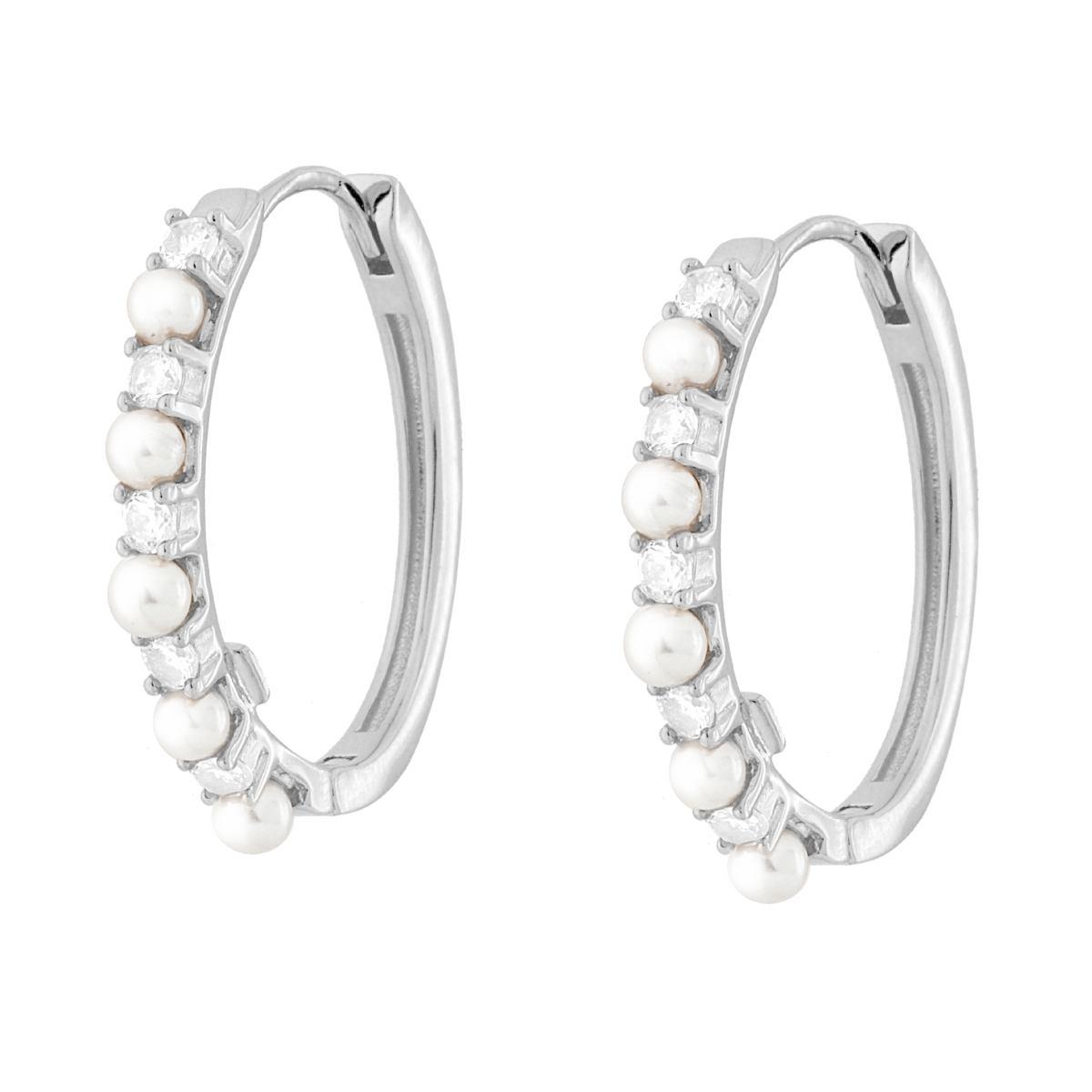 Orecchini Cerchio Ovale Scattino con Cubic Zirconia Bianchi e Perle in ARGENTO 925 Galvanica Rodio