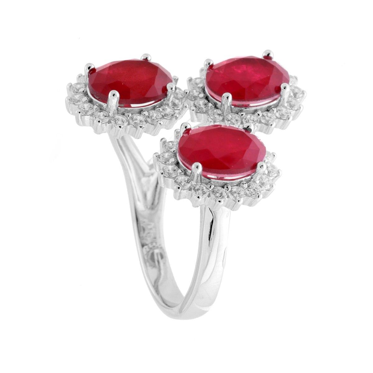 Anello Trilogy Ovali Rosso Rubino contornati da Cubic Zirconia Bianchi in ARGENTO 925 Galvanica Rodio