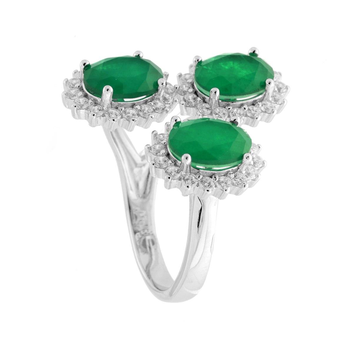 Anello Trilogy Ovali Verde Smeraldo contornati da Cubic Zirconia Bianchi in ARGENTO 925 Galvanica Rodio