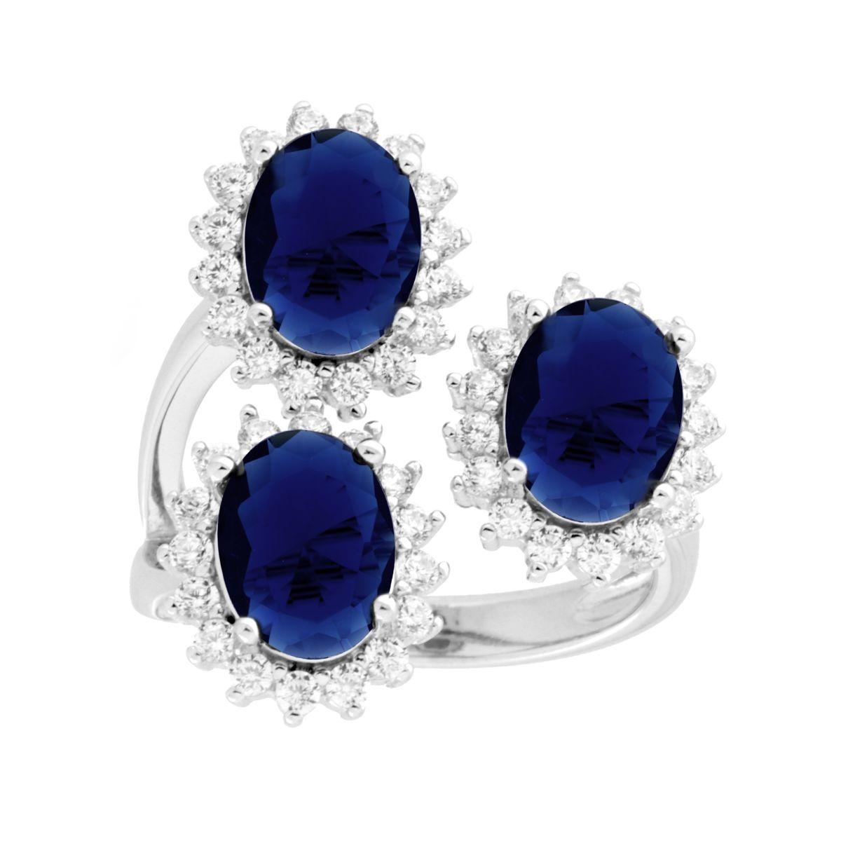 Anello Trilogy Ovali Blu Zaffiro contornati da Cubic Zirconia Bianchi in ARGENTO 925 Galvanica Rodio
