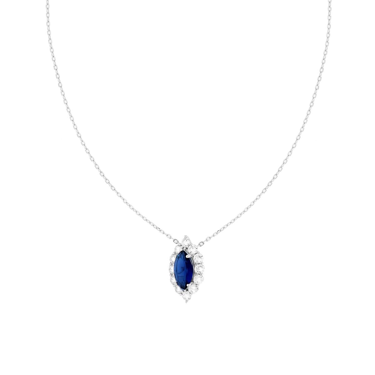 Collana Catena Forzatina Diamantata Marquise Blu Zaffiro contornato da Cubic Zirconia Bianchi in ARGENTO 925 Galvanica Rodio