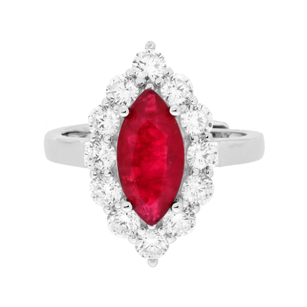 Anello Marquise Rosso Rubino contornato da Cubic Zirconia Bianchi in ARGENTO 925 Galvanica Rodio