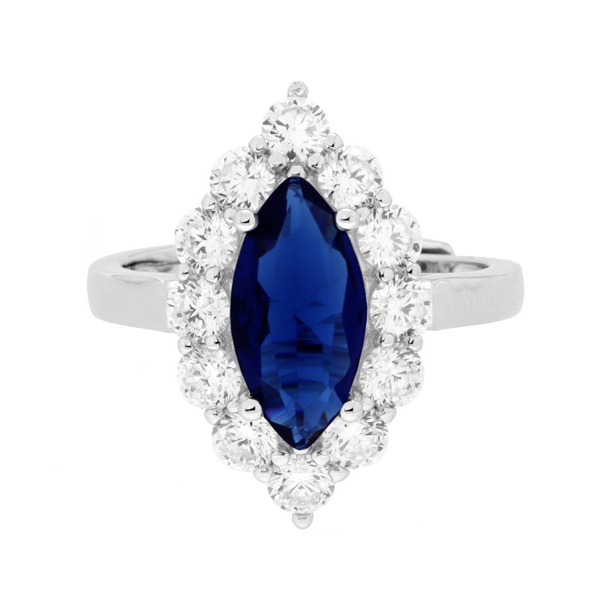 Anello Marquise Blu Zaffiro contornato da Cubic Zirconia Bianchi in ARGENTO 925 Galvanica Rodio