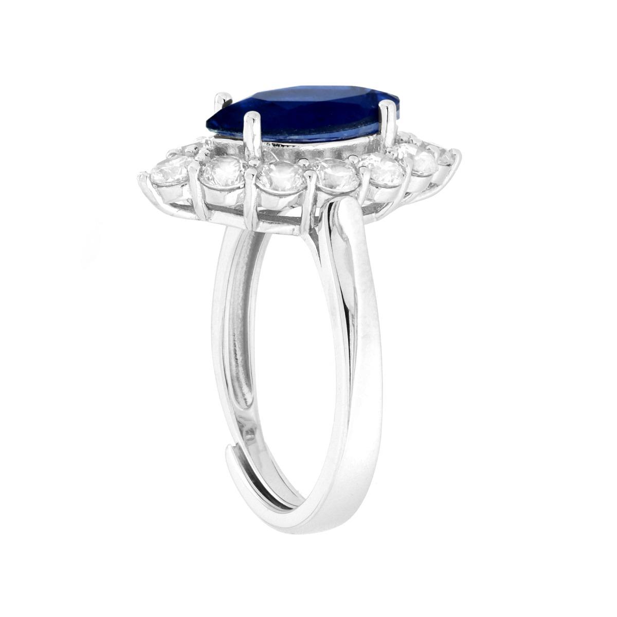 Anello Marquise Blu Zaffiro contornato da Cubic Zirconia Bianchi in ARGENTO 925 Galvanica Rodio