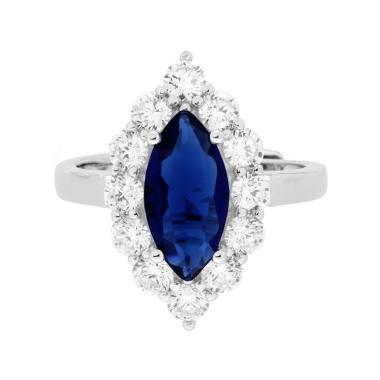Anello Marquise Blu Zaffiro contornato da Cubic Zirconia Bianchi in ARGENTO 925 Galvanica Rodio