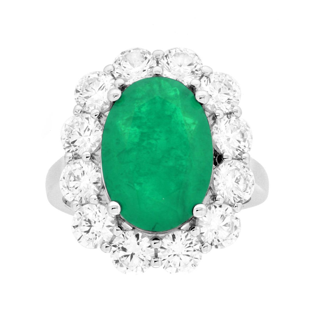 Anello Ovale Verde Smeraldo contornato da Cubic Zirconia Bianchi in ARGENTO 925 Galvanica Rodio