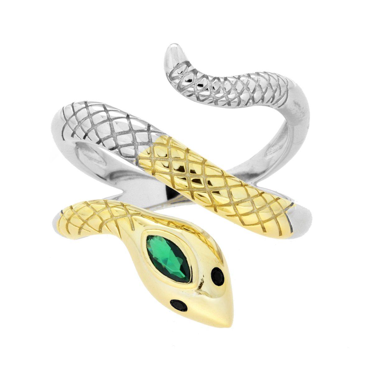 Anello Serpente con Cubic Zirconia Verde Smeraldo in ARGENTO 925 Galvanica Rodio e Oro