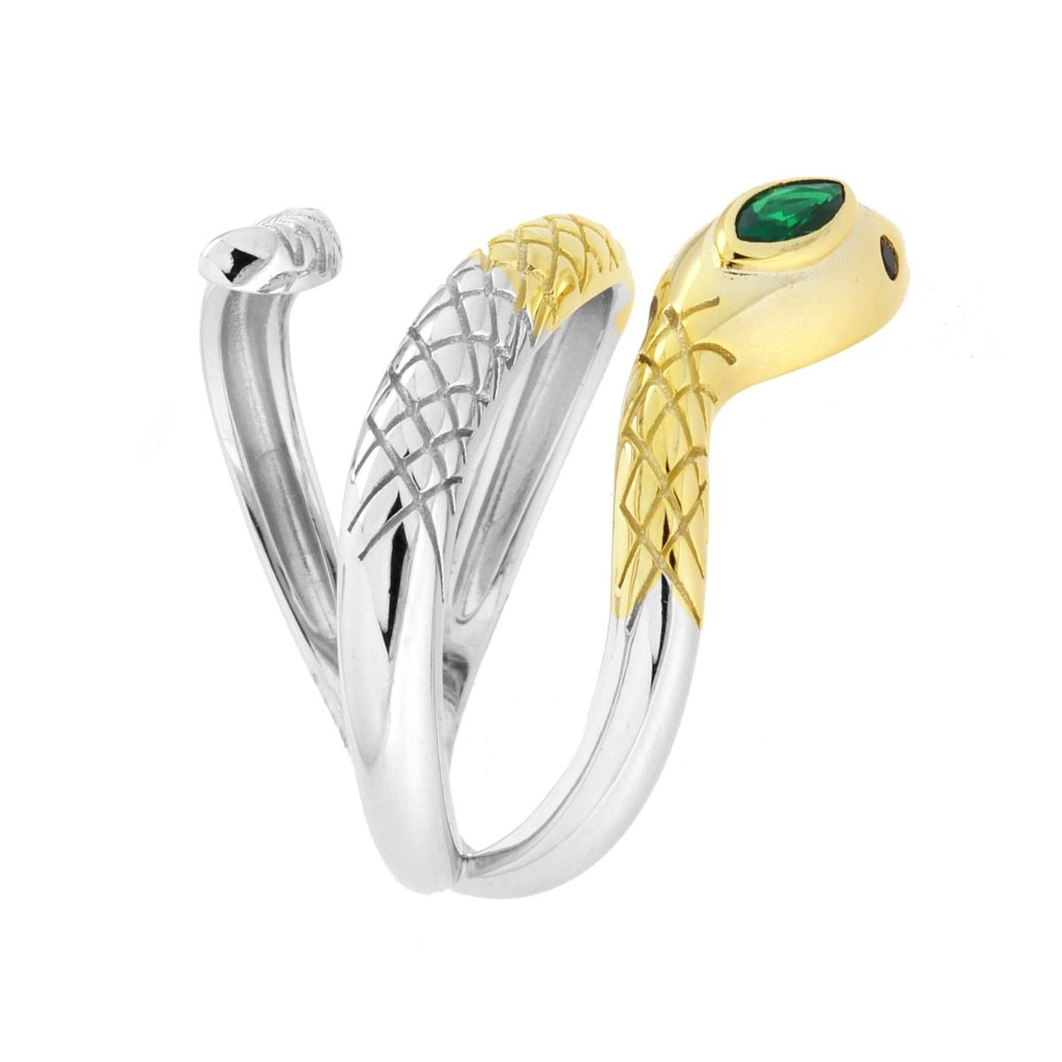 Anello Serpente con Cubic Zirconia Verde Smeraldo in ARGENTO 925 Galvanica Rodio e Oro