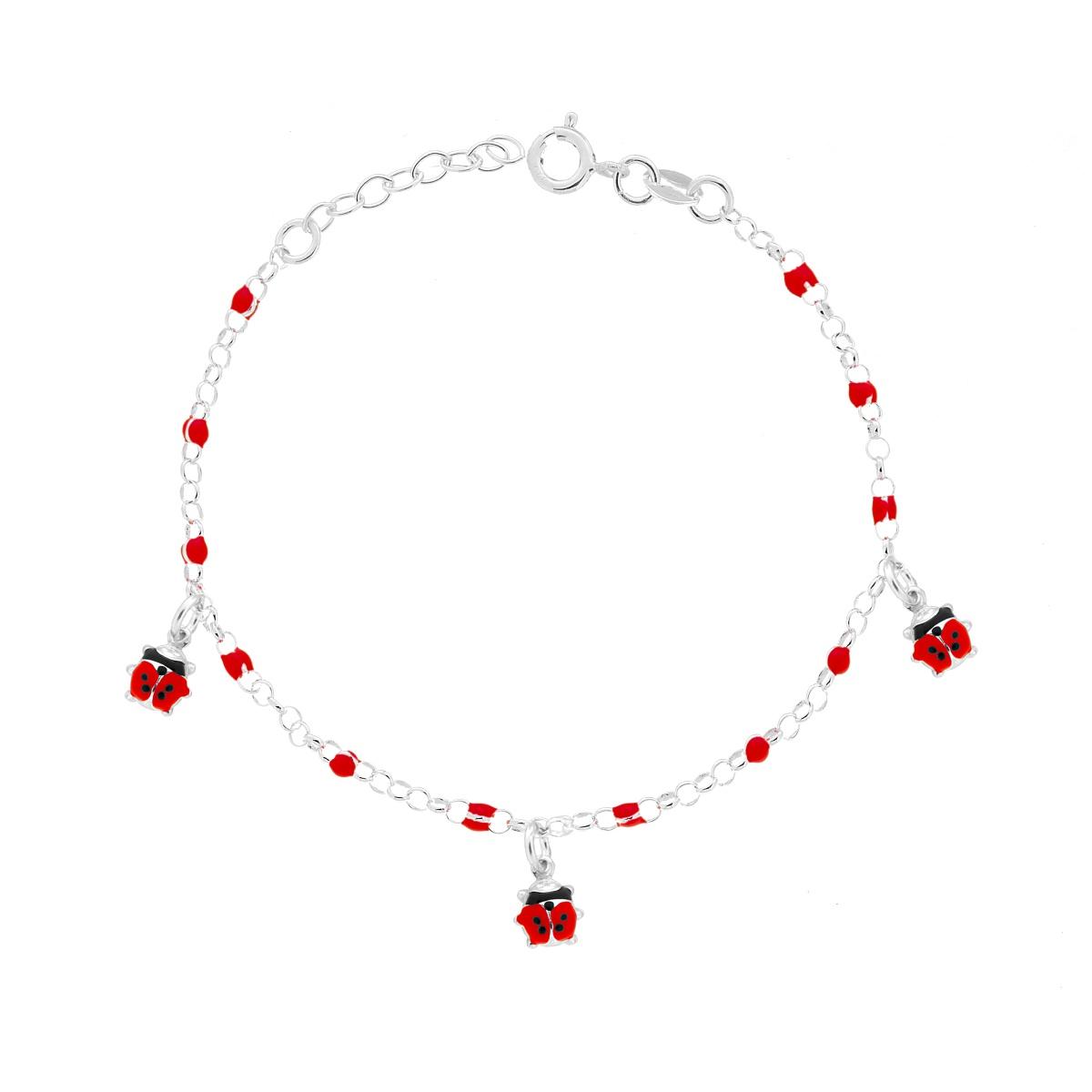 Bracciale Bimbo Bimba Catena Rolo con Palline e Coccinelle con Smalto Rosso in ARGENTO 925