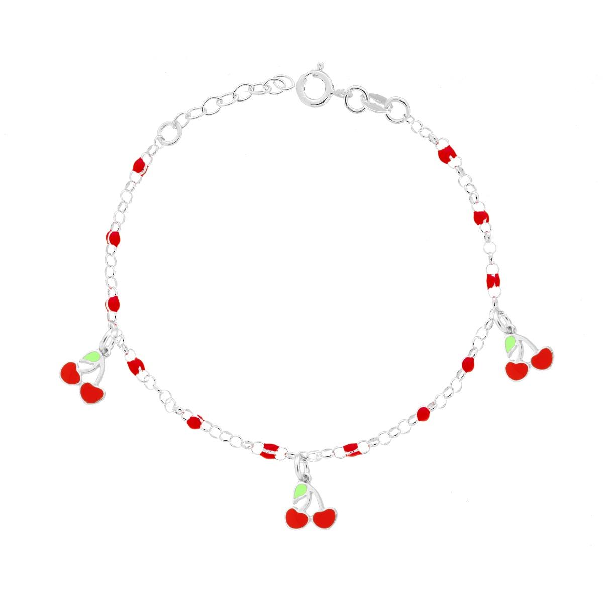 Bracciale Bimbo Bimba Catena Rolo con Palline e Ciliegie con Smalto Rosso in ARGENTO 925