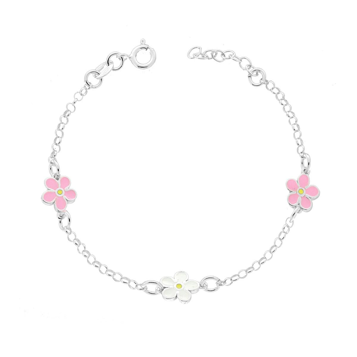 Bracciale Bimbo Bimba Catena Rolo con Fiori con Smalto Bianco e Rosa in ARGENTO 925