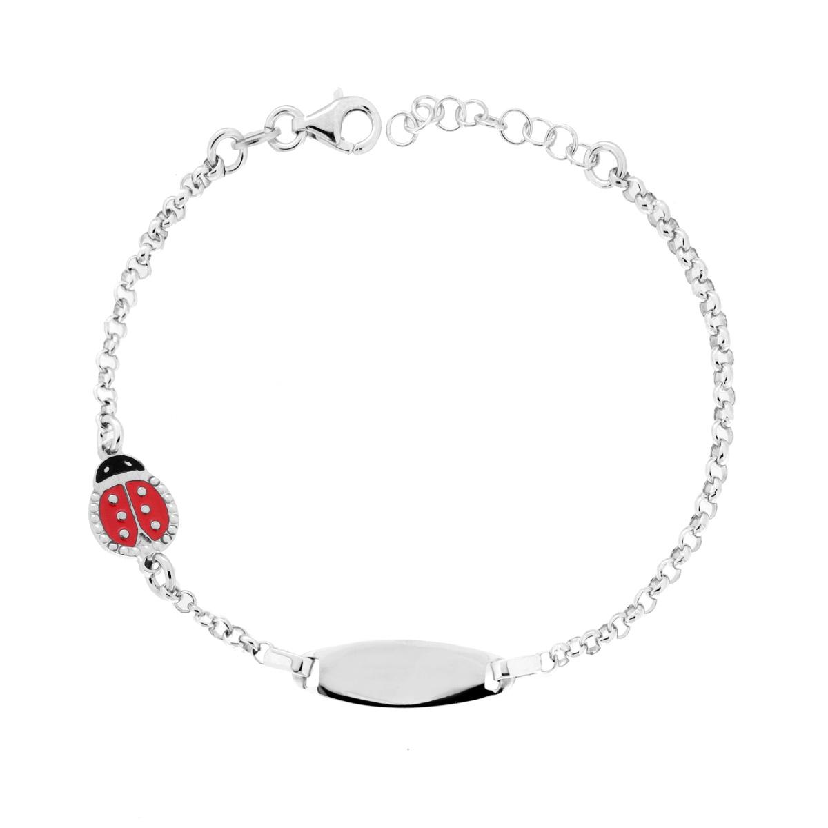 Bracciale Bimbo Bimba Catena Rolo con Targa Ovale e Coccinella con Smalto Rosso in ARGENTO 925 Galvanica Rodio