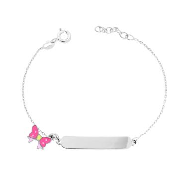 Bracciale Bimbo Bimba Catena Forzatina Diamantata con Targa Rettangolare e Fiocco con Smalto Fucsia e Rosa in ARGENTO 925 Galvanica Rodio