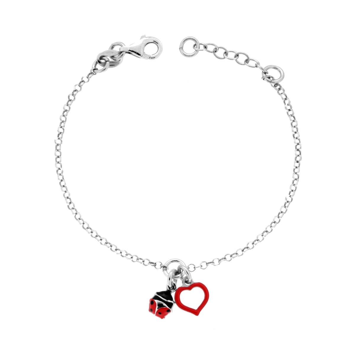 Bracciale Bimba Bimbo Catena Rolo Diamantata con Cuore e Coccinella Smalto Rosso e Nero in ARGENTO 925 Galvanica Rodio