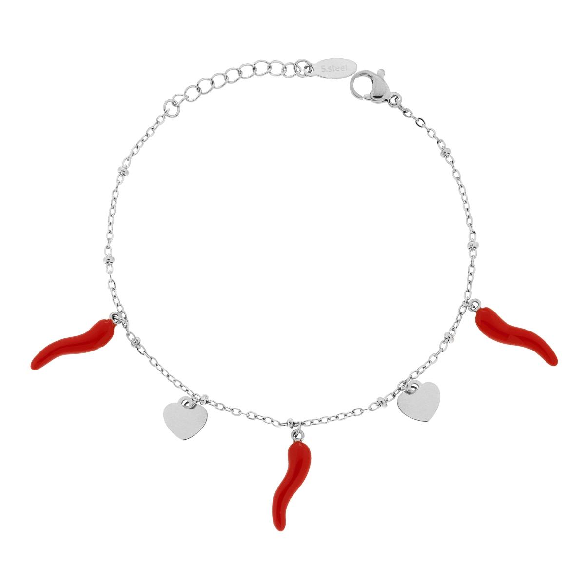 Bracciale Catena Forzatina con Cuori plain e Corni portafortuna smalto Rosso in ACCIAIO