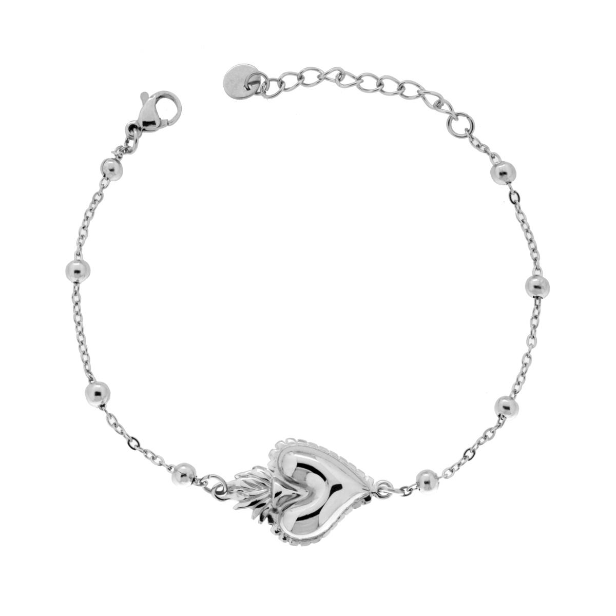 Bracciale Catena Forzatina Diamantata con Cuore Votivo in ACCIAIO