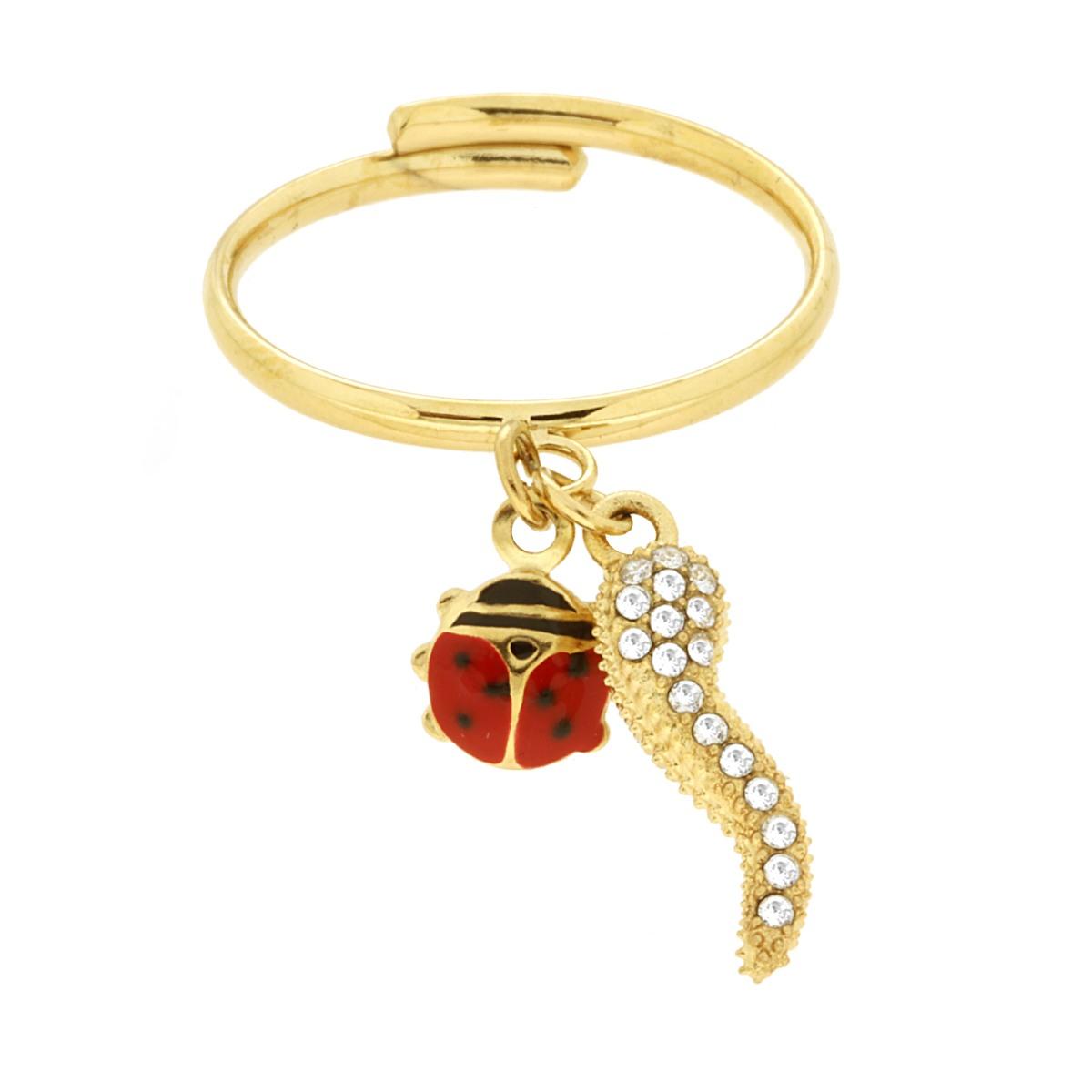 Anello Coccinella Smalto Rosso e Corno con Crystal Bianchi in ACCIAIO colore Oro