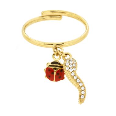 Anello Coccinella Smalto Rosso e Corno con Crystal Bianchi in ACCIAIO colore Oro