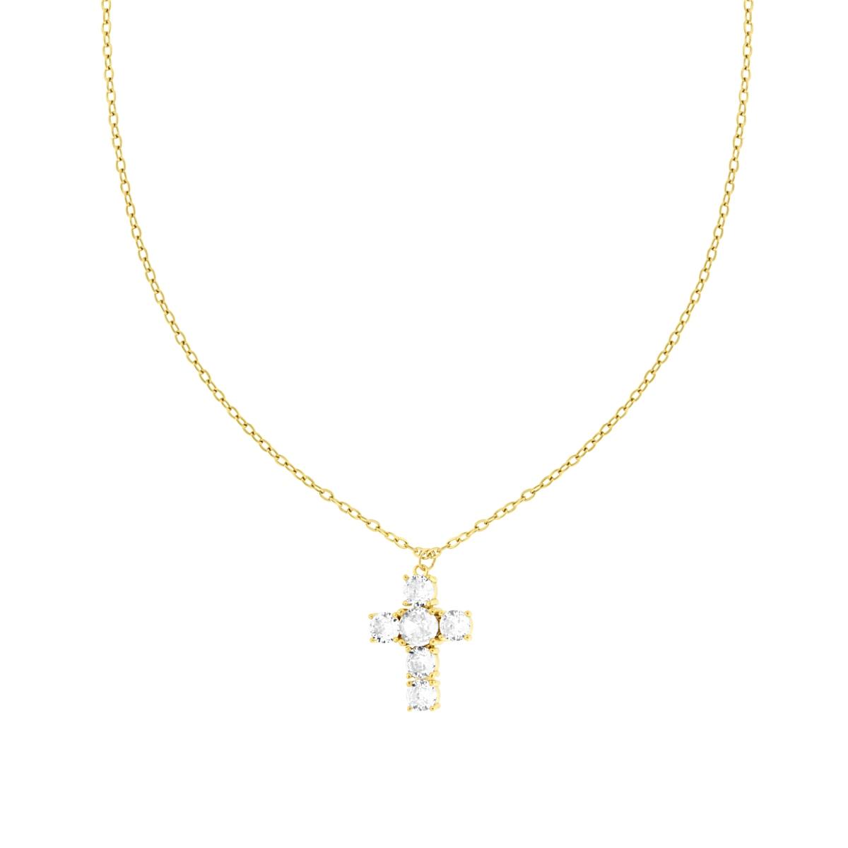 Collana Catena Forzatina Diamantata con Croce e Crystal Bianchi in ACCIAIO colore Oro