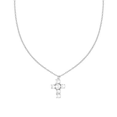 Collana Catena Forzatina Diamantata con Croce e Crystal Bianchi in ACCIAIO