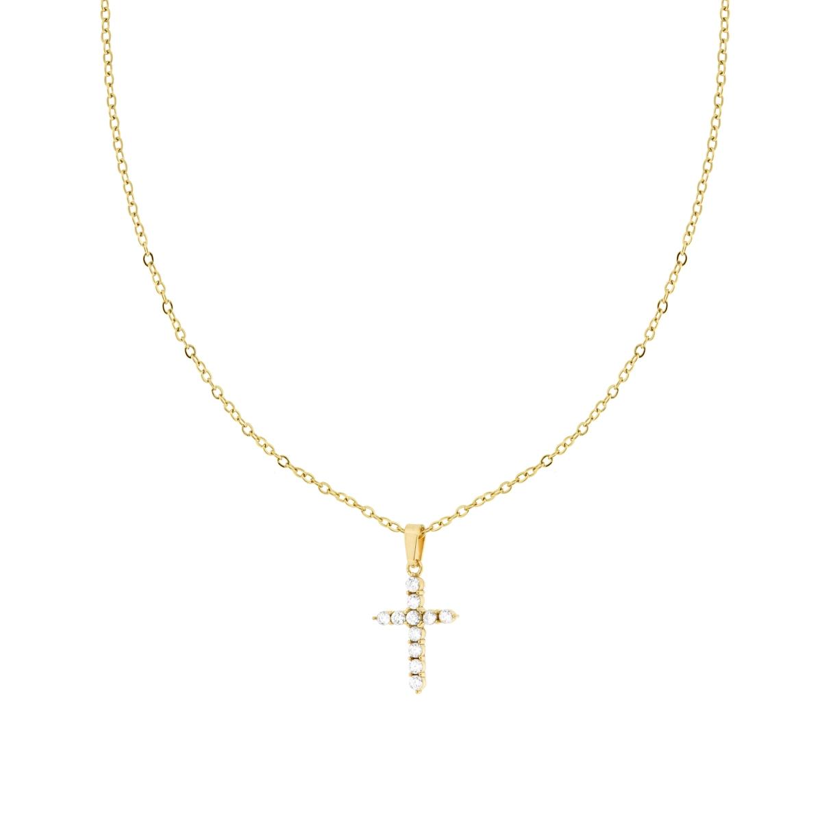 Collana Catena Forzatina Diamantata con Croce e Crystal Bianchi in ACCIAIO colore Oro