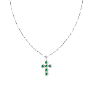 Collana Catena Forzatina Diamantata con Croce Crystal Verde Smeraldo e Bianchi in ACCIAIO e OTTONE