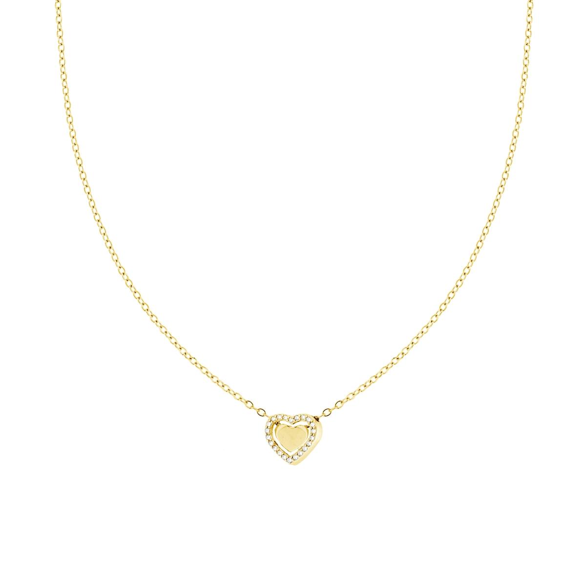 Collana Catena Forzatina Diamantata con doppio Cuore e Crystal Bianchi in ACCIAIO colore Oro