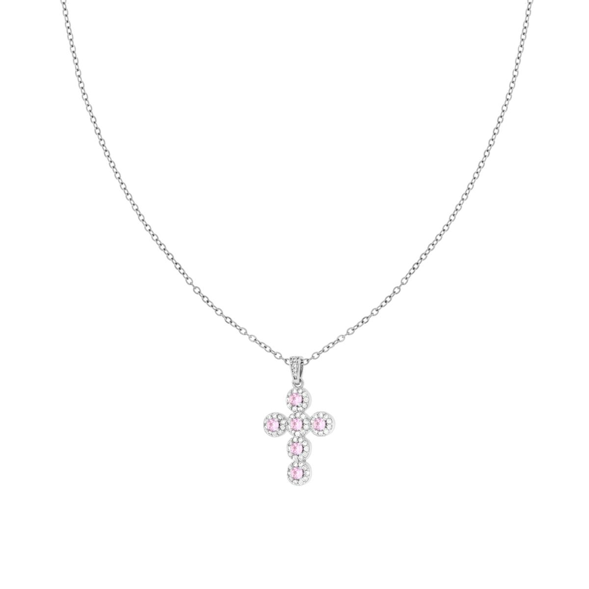 Collana Catena Forzatina Diamantata con Croce Crystal Rosa e Bianchi in ACCIAIO e OTTONE
