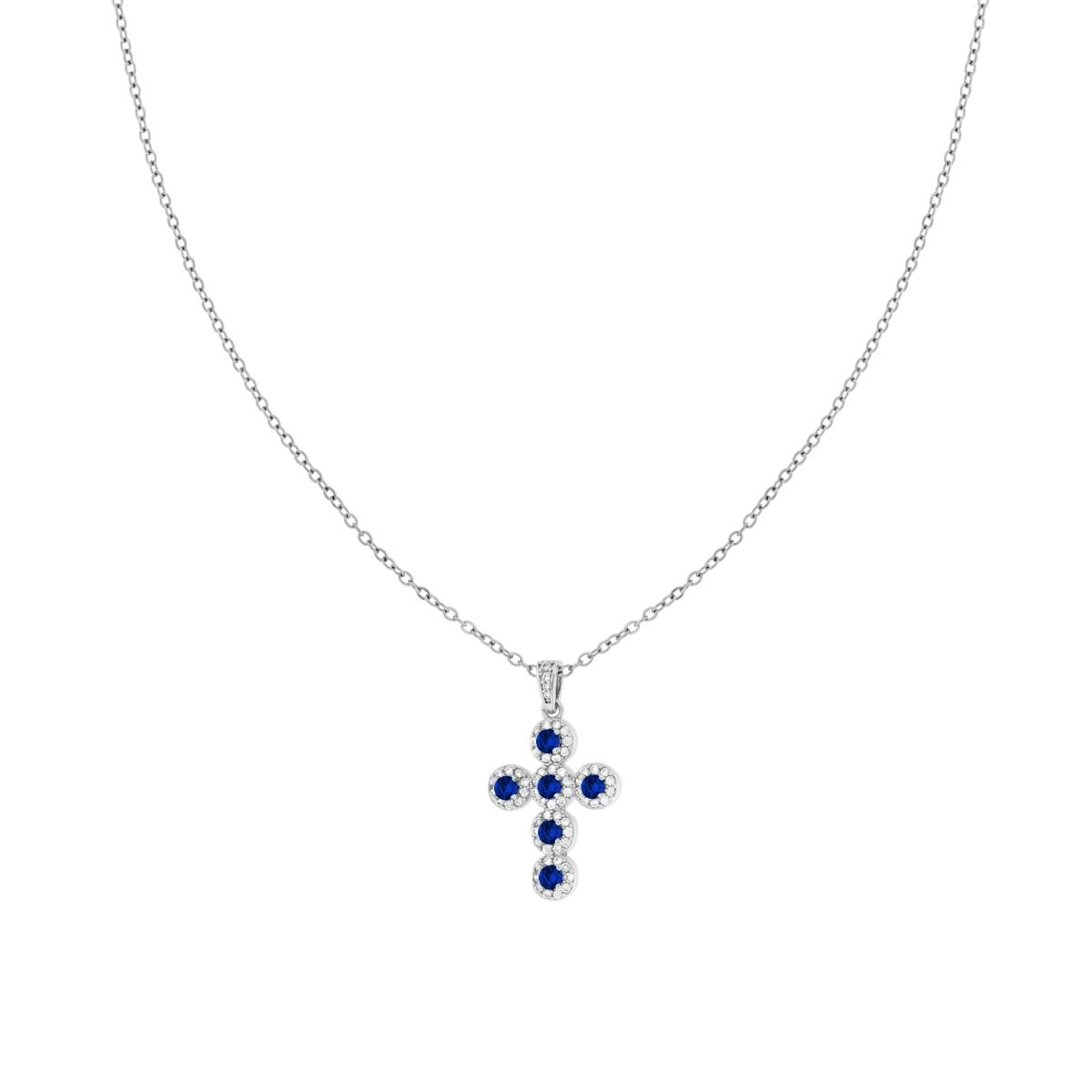 Collana Catena Forzatina Diamantata con Croce Crystal Blu Zaffiro e Bianchi in ACCIAIO e OTTONE