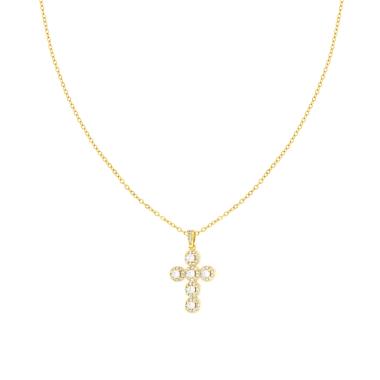 Collana Catena Forzatina Diamantata e Croce con Crystal Bianchi in ACCIAIO e OTTONE colore Oro
