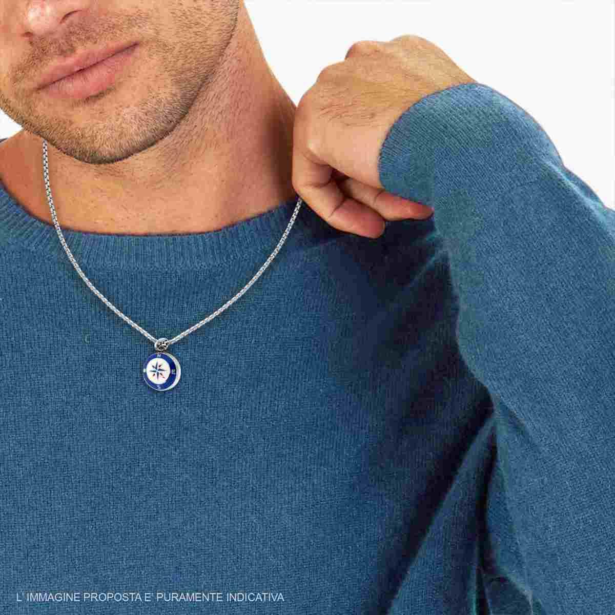 Collana Catena Veneziana Tonda con Rosa dei Venti Smalto Bianco e Blu in ACCIAIO