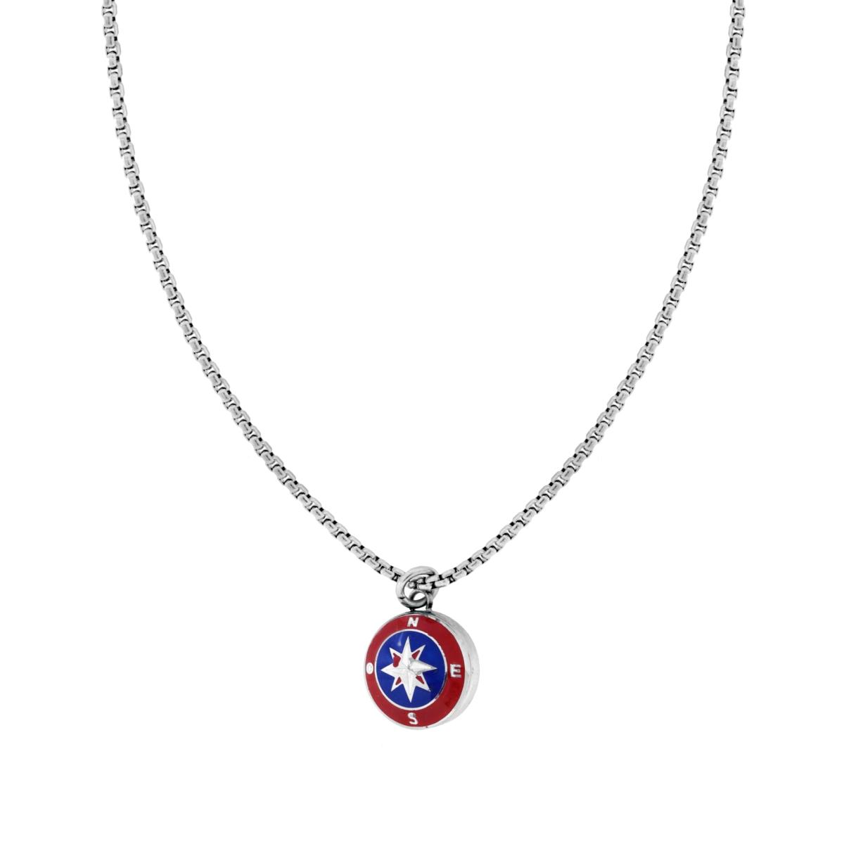 Collana Catena Veneziana Tonda con Rosa dei Venti Smalto Rosso e Blu in ACCIAIO