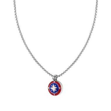 Collana Catena Veneziana Tonda con Rosa dei Venti Smalto Rosso e Blu in ACCIAIO