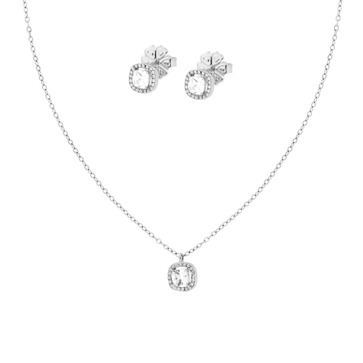 Parure Set Orecchini e Collana Catena Forzatina Diamantata con Quadrato Bianco contornato da Crystal Bianchi in ACCIAIO