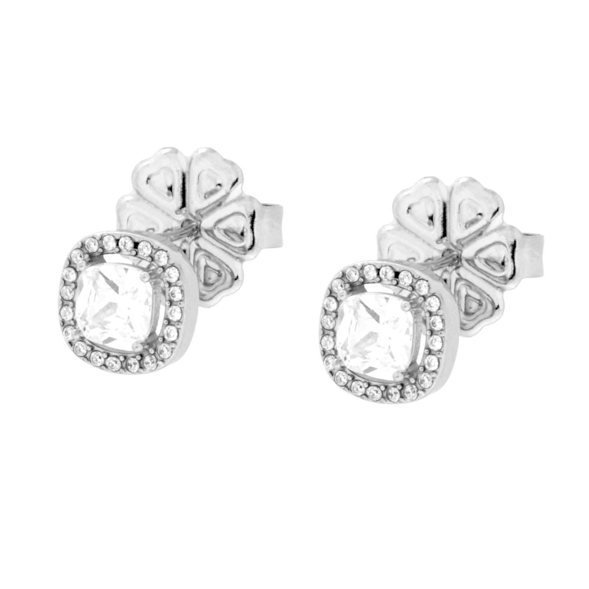 Parure Set Orecchini e Collana Catena Forzatina Diamantata con Quadrato Bianco contornato da Crystal Bianchi in ACCIAIO