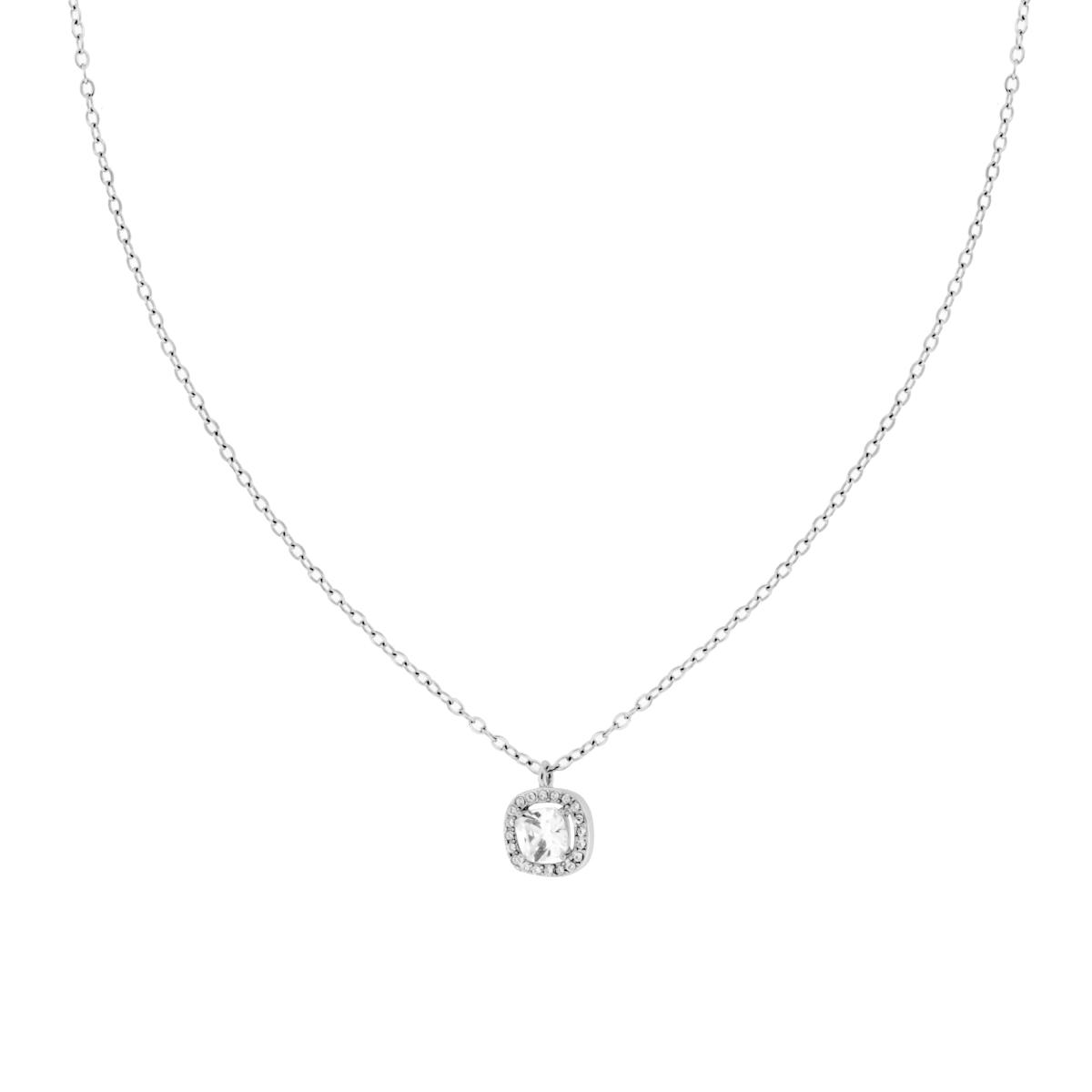 Parure Set Orecchini e Collana Catena Forzatina Diamantata con Quadrato Bianco contornato da Crystal Bianchi in ACCIAIO