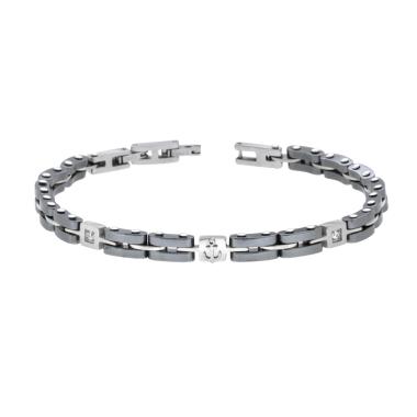 Bracciale Uomo Maglia Imperniata con Ceramica Antracite Crystal Bianchi e Ancora in ACCIAIO