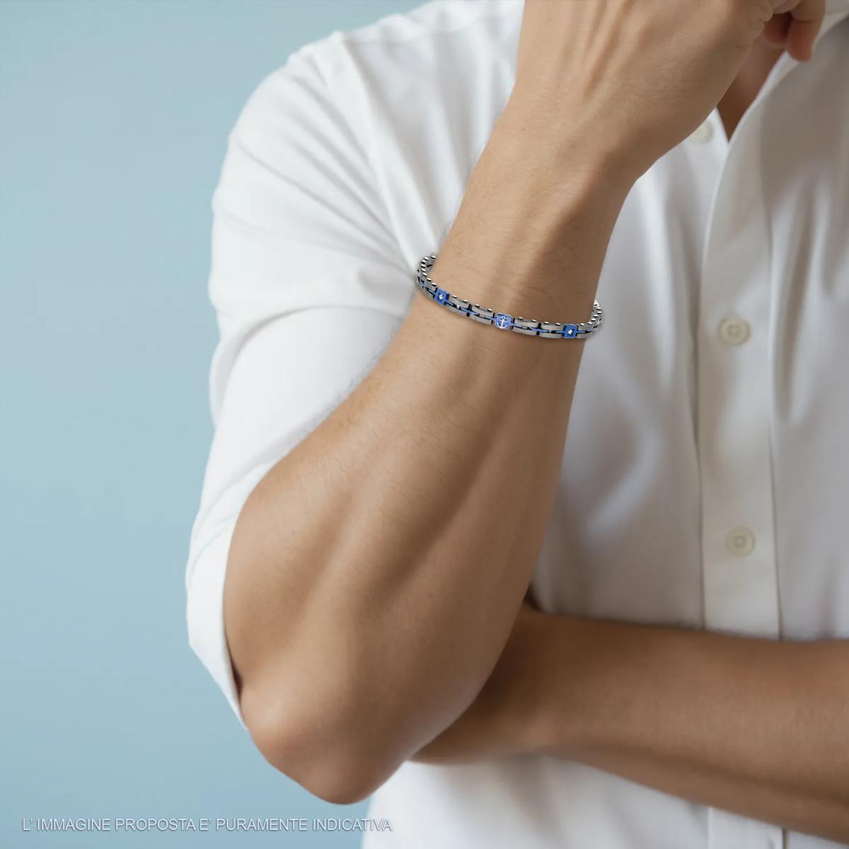 Bracciale Uomo Maglia Imperniata con dettagli Colore Blu Ceramica Antracite Crystal Bianchi e Ancora in ACCIAIO