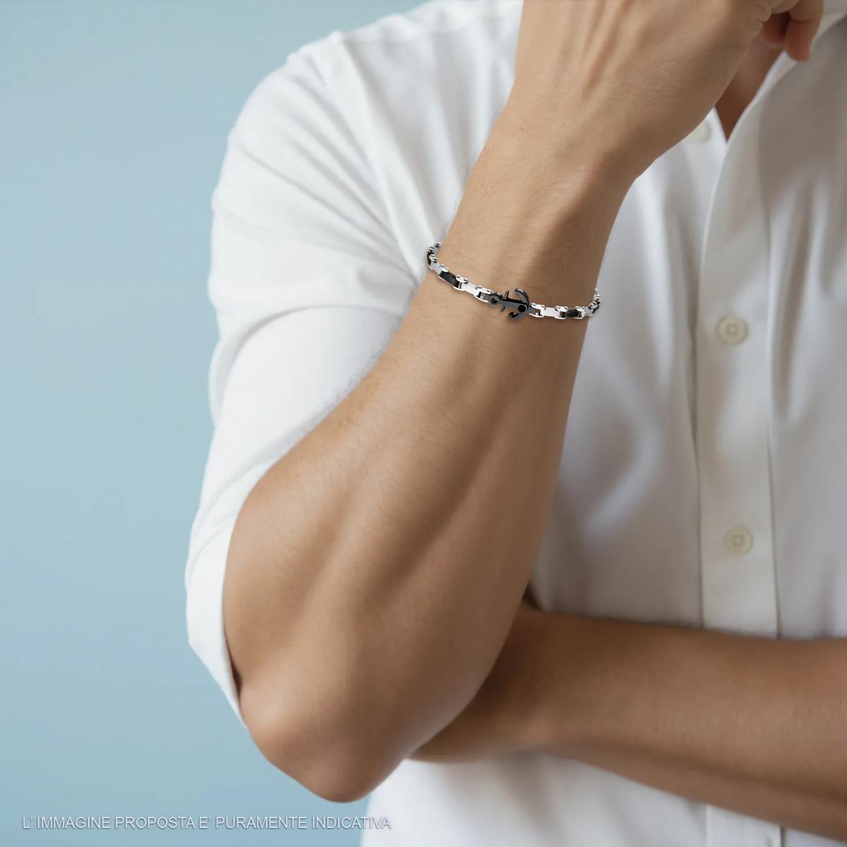 Bracciale Uomo Maglia Imperniata con dettagli Colore Nero Ancora e Crystal Nero in ACCIAIO