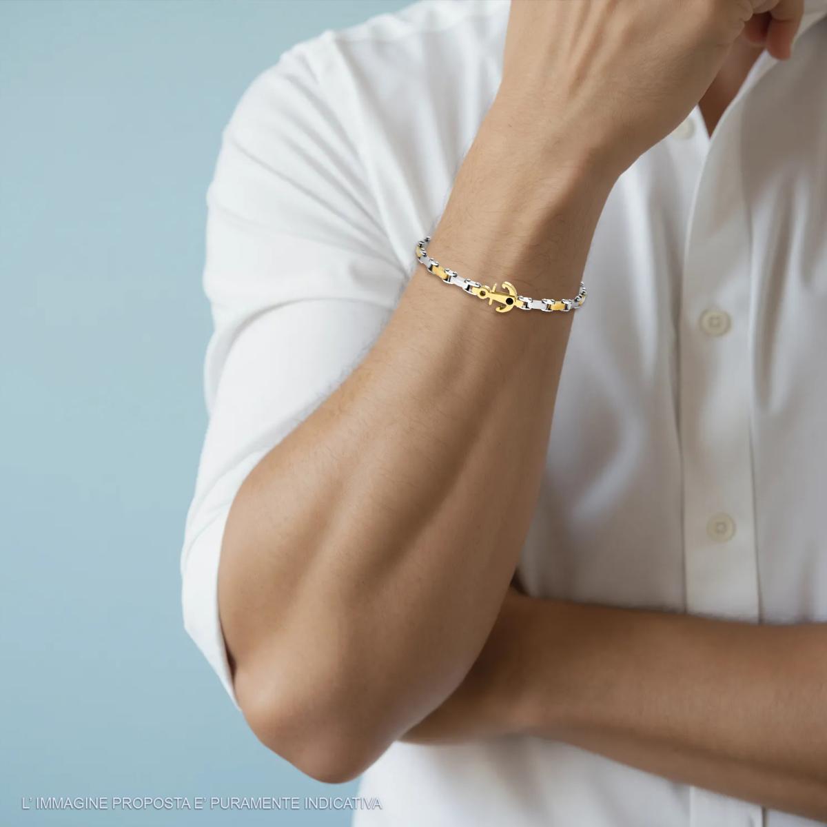 Bracciale Uomo Maglia Imperniata con dettagli Colore Oro Ancora e Crystal Nero in ACCIAIO