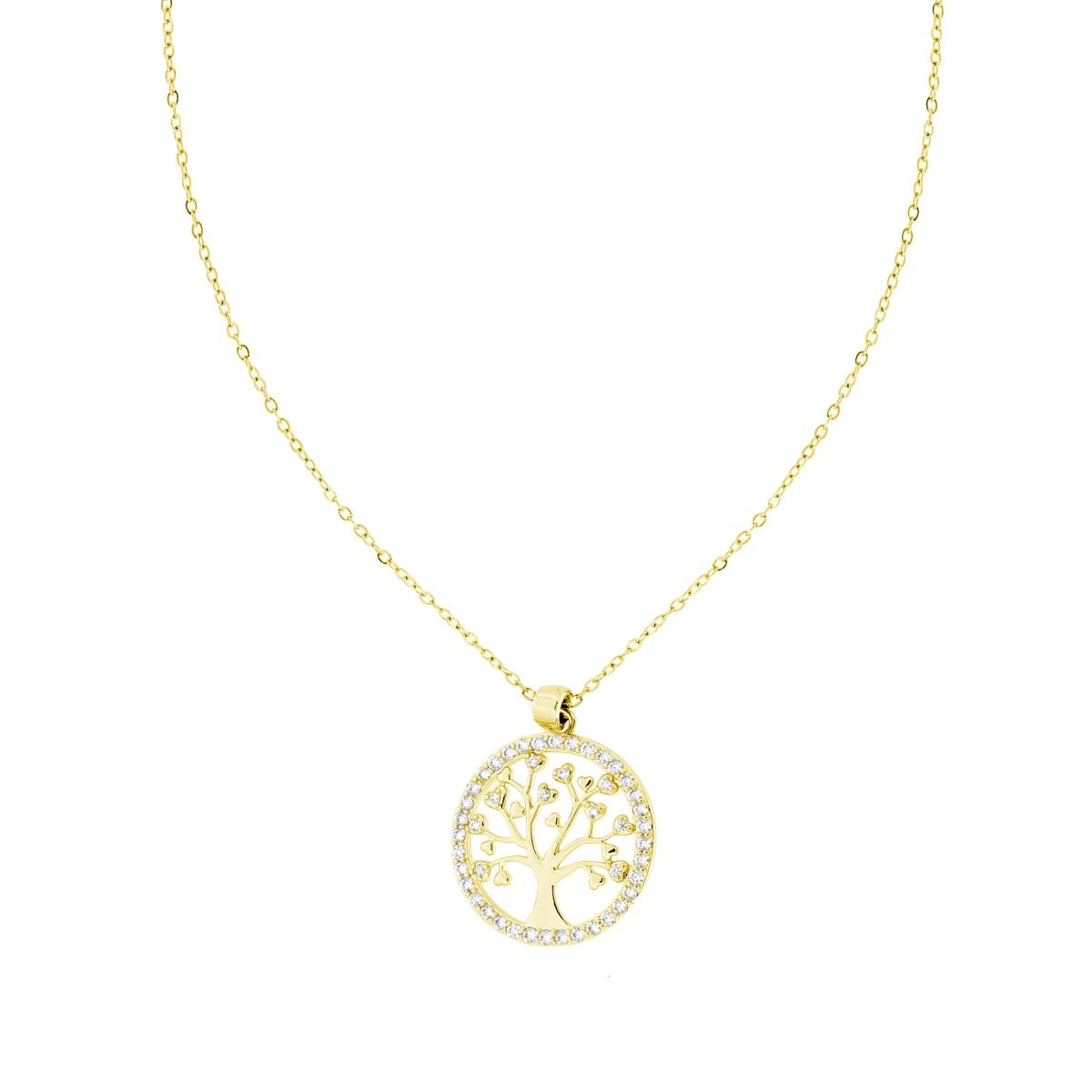 Collana Catena Forzatina Diamantata con Albero della Vita e Crystal Bianchi n ACCIAIO colore Oro