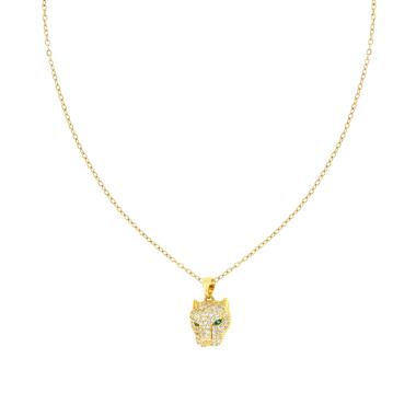 Collana Catena Forzatina Diamantata con Testa di Pantera e Crystal Bianchi e Verde Smeraldo in ACCIAIO colore Oro