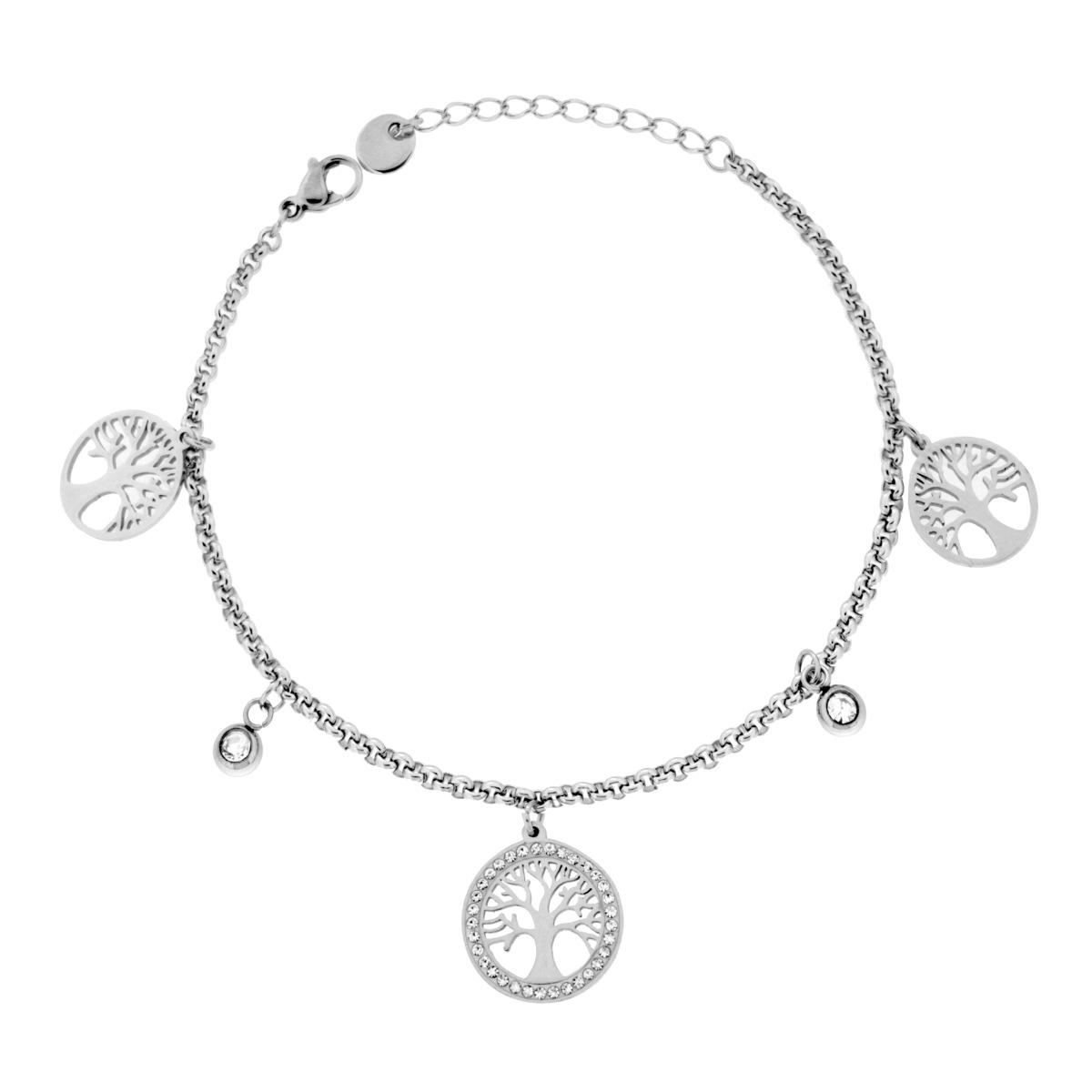 Bracciale Catena Rolo con Albero della Vita e Crystal Bianchi in ACCIAIO