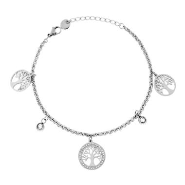 Bracciale Catena Rolo con Albero della Vita e Crystal Bianchi in ACCIAIO